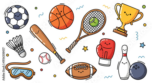 Various sports equipment and trophies arranged together on a surface