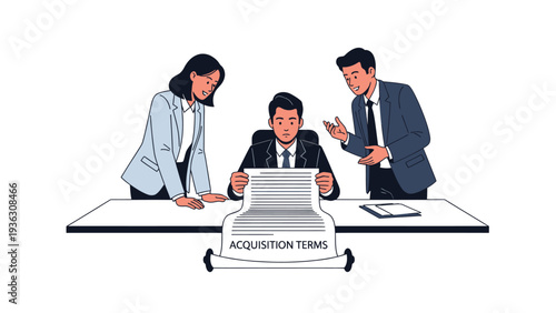 Business Team Reviewing Acquisition Terms Document for Corporate Agreement and Negotiation