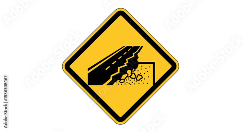 Falling Rocks Road Sign Illustration on Yellow Background viewed from Straight On