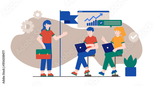 Modern flat vector illustration of a female leader standing with a briefcase giving instructions to team members near a progress chart