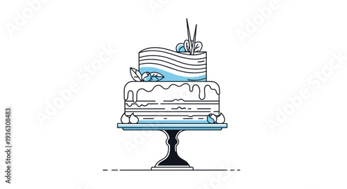Elegant line art illustration features a two tier layered cake on a pedestal stand decorated with blueberries and fresh green leaves.