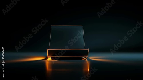 Futuristic Curved Metallic Sculpture with Orange Neon Glow on Dark Background