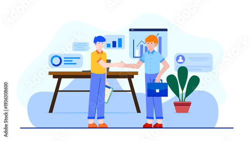 Two businessmen shaking hands in an office after a successful negotiation with data charts in the background