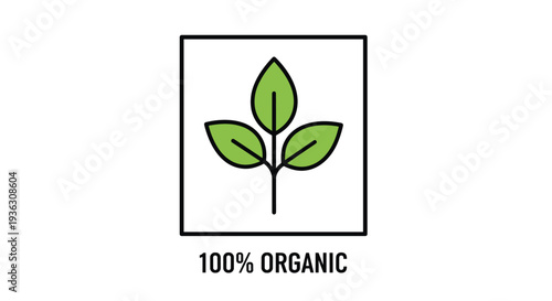 Organic product label badge with three green leaves inside a square frame and 100 percent organic text for natural goods branding.