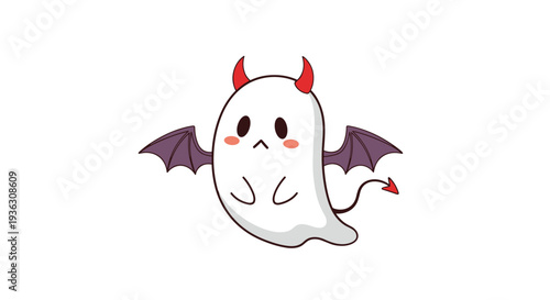 Cute white ghost character wearing red devil horns and small purple wings with a tiny tail for festive Halloween celebration graphics.