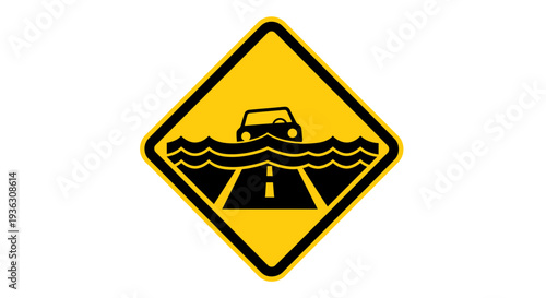 Flooded road sign warns drivers of submerged highway with car and water