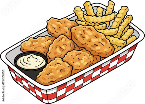 Crispy Breaded Chicken Nuggets and Curly French Fries in Red Gingham Tray with Dipping Sauce Illustration
