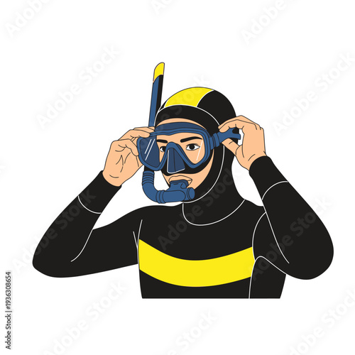 Scuba Diver Adjusting Mask and Snorkel, Ready for Underwater Exploration