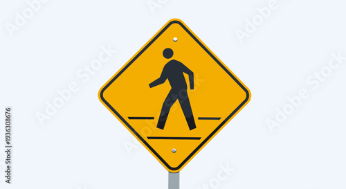 Pedestrian crossing sign on a pole in urban area with yellow color