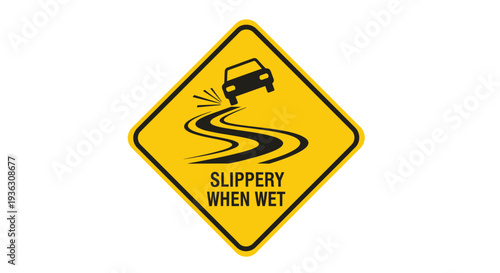 A yellow road sign with a car and swirling road marking indicates slippery conditions ahead on wet pavement.