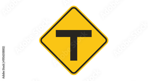 A yellow T intersection road sign with a black border and lettering stands alone
