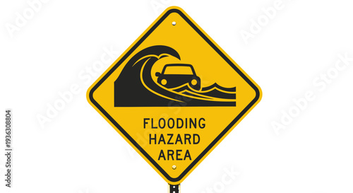 A flooding hazard area sign warns drivers of wave and vehicle danger on road