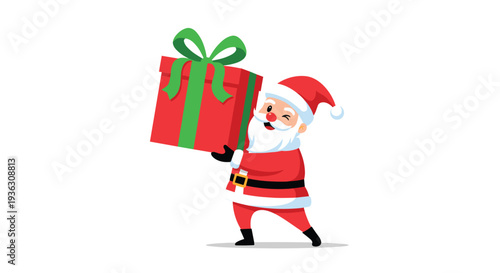 Joyful Santa Claus character in a classic red suit carrying a massive red gift box wrapped with a green ribbon for holiday celebrations.