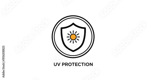 Sunscreen or skincare label badge for UV protection featuring a shield icon with a sun symbol in a circular frame for product packaging.