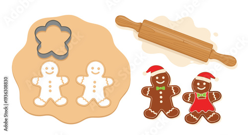 Baking scene with gingerbread cookie dough, a wooden rolling pin, a flower cutter, and decorated holiday cookies in festive attire.