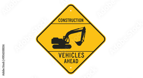 Construction vehicles ahead sign on a yellow diamond-shaped warning sign indicating heavy machinery on the road