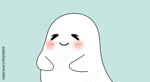 Extremely cute and happy white ghost illustration with blushing pink cheeks and closed eyes for kid-friendly Halloween designs.