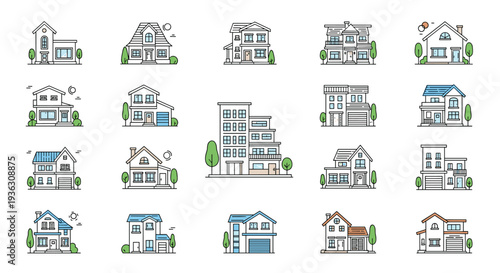 Extensive set of residential house icons and one multi-story apartment building in various architectural styles for real estate designs.
