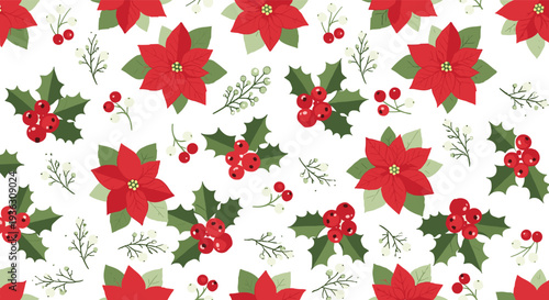 Vibrant seamless pattern featuring red poinsettia flowers and green holly leaves with red berries for traditional Christmas backgrounds.