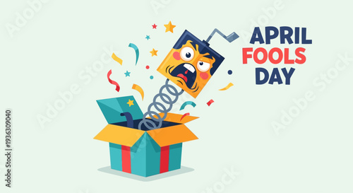Celebrating april fools day with a surprise gift box bursting open with confetti and a shocked face