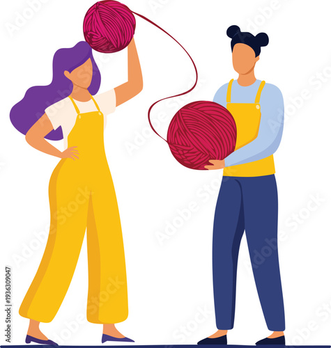 man and woman holding large yarn balls untangling a knotted thread