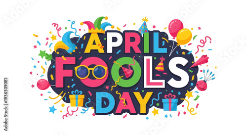 Celebrating April Fools Day with colorful confetti and playful decorations in a festive atmosphere viewed from directly above