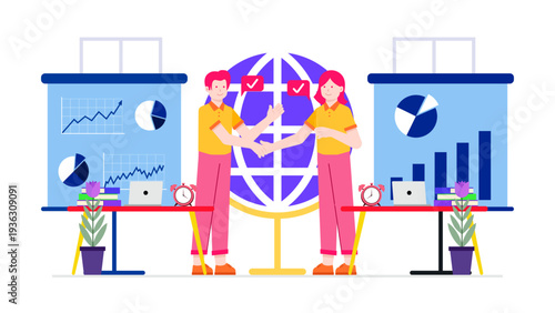 Two professionals shaking hands in front of a globe and data boards symbolizing a global business agreement