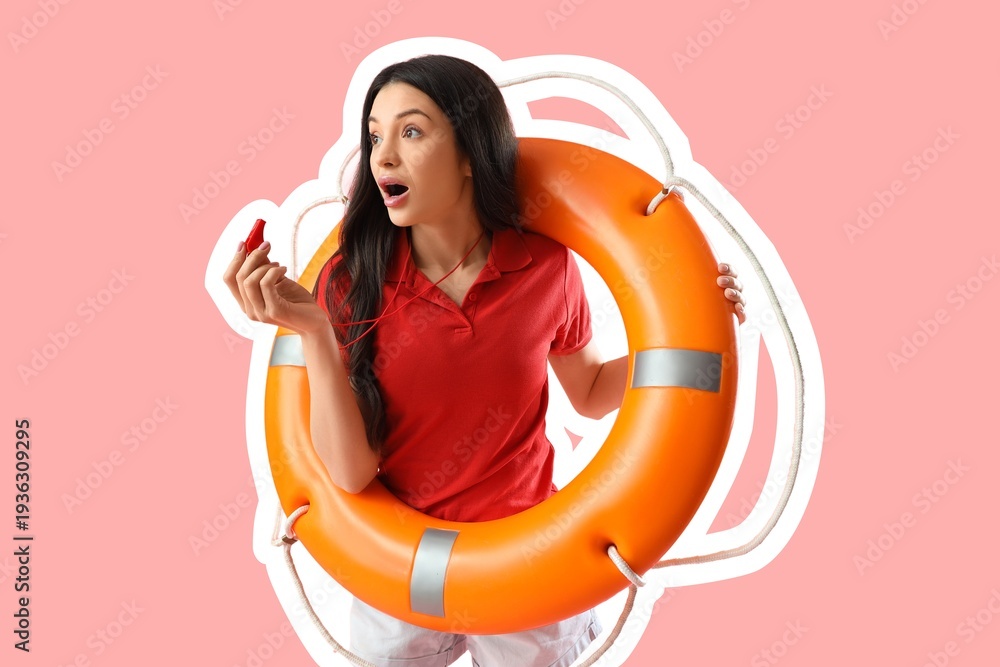 © Pixel-Shot - Worried female beach rescuer with lifebuoy and whistle on pink background
