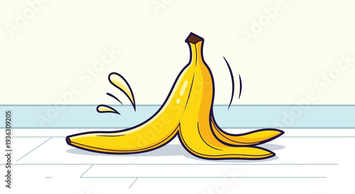 A playful banana peel on the floor on april fools day, slipping and falling in a comedic mishap illustration