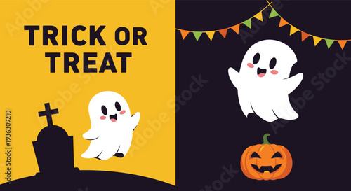 Halloween greeting card split into two panels with cute ghosts, a pumpkin, a tombstone, and trick or treat text on yellow and black.