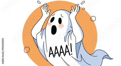 Terrified cartoon ghost character screaming with hands on head and text AAAA against a circular orange background for Halloween.