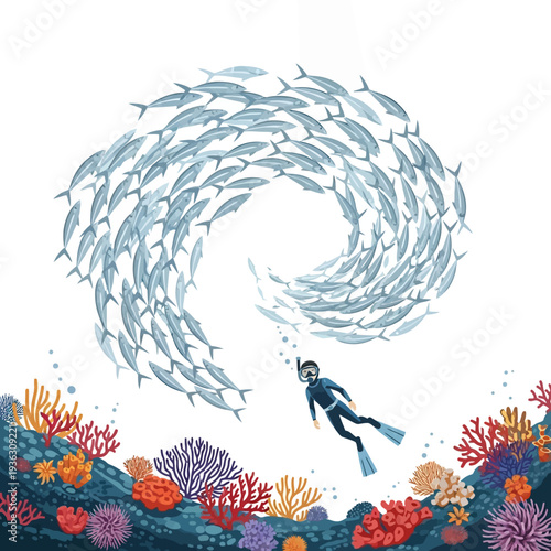 Scuba diver explores coral reef and massive school of fish swirling in ocean