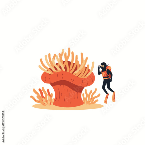 Scuba Diver Explores Giant Coral Reef with Tentacles in Underwater Ocean