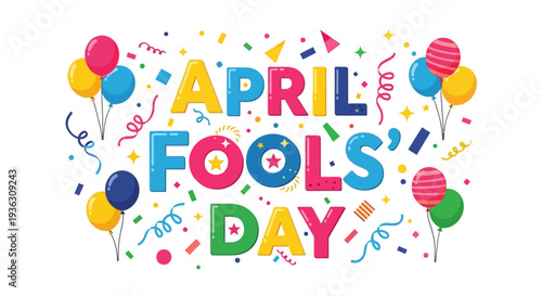Celebrating April Fools' Day with colorful balloons and confetti in a vibrant scene