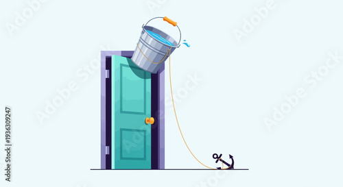 A prankster's bucket pours water on an unsuspecting victim on april fools day through an open door, an illustration from a worm's eye view