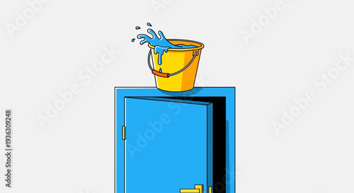 A prankster's April Fools Day surprise with a bucket of water on a blue cabinet from a straight-on viewpoint