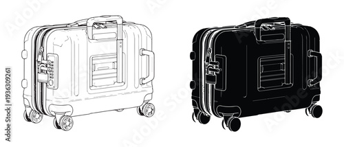 Two artistic line art illustrations of a modern rolling suitcase with a locked zipper and handle