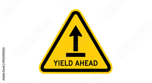 A triangular yield sign with a black border and text indicating caution ahead viewed directly on a plain surface
