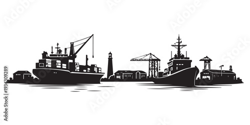 Seaport Skyline Silhouette, Silhouette Vector, Isolated on White Background