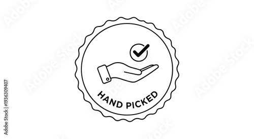 Quality assurance badge for hand picked items featuring a hand icon with a checkmark in a circular frame for premium products.