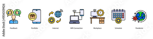 Workplace Connectivity web banner vector illustration featuring Feedback, Portfolio, Internet, Wifi Connection, Workplace, Schedule, and Pandemic.