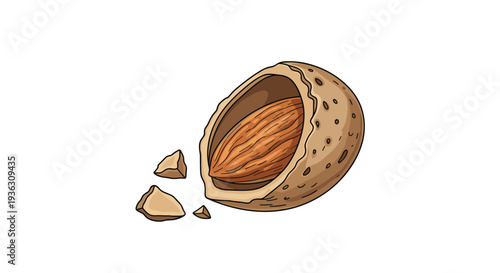 Detailed illustration of an almond nut inside its partially cracked brown shell with small pieces of shell scattered around on a white surface.