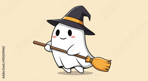 Adorable little ghost character wearing a black witch hat and riding a magic broomstick across a light beige background during Halloween season.