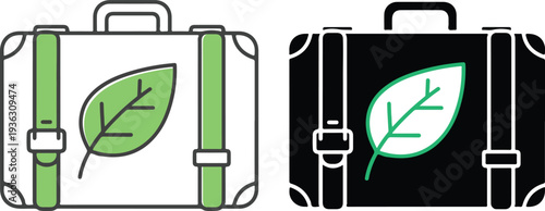 Two stylised travel suitcases one light and one dark adorned with a green leaf symbol representing ecofriendly travel