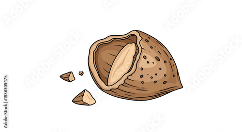 Single almond nut shown inside a broken shell with small shell fragments nearby isolated on a plain white background for food or nutrition theme.