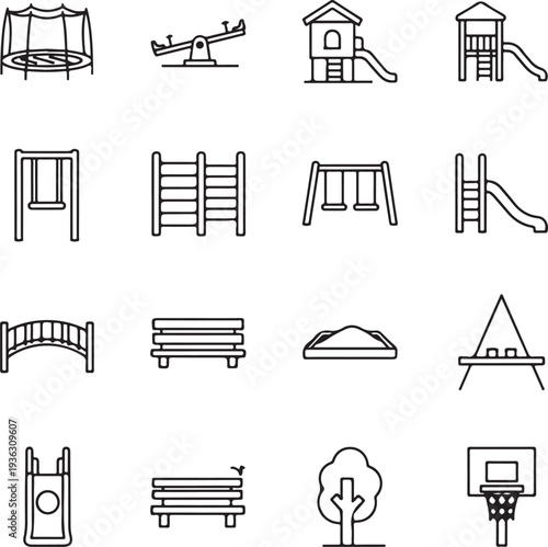 Big set of playground equipment thin line icons. Kid s swing, slide, sandbox, climber vector elements.