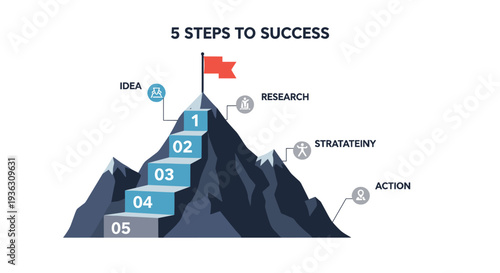 Strategic infographic titled five steps to success showing a mountain peak with a red flag and numbered steps for business growth and achievement.