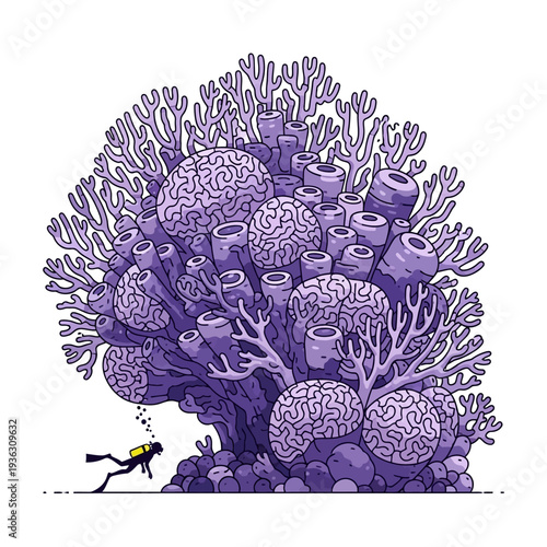 Scuba diver explores surreal purple coral reef resembling human brains underwater