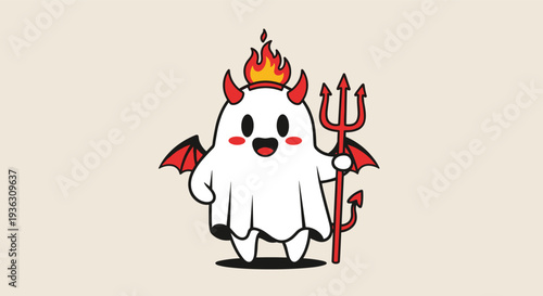 Fun Halloween character showing a cute ghost dressed as a devil with red horns, wings, and holding a trident pitchfork while smiling happily.