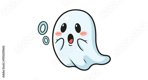 Surprised little ghost cartoon character with wide eyes and an open mouth looking shocked while floating against a plain white background.